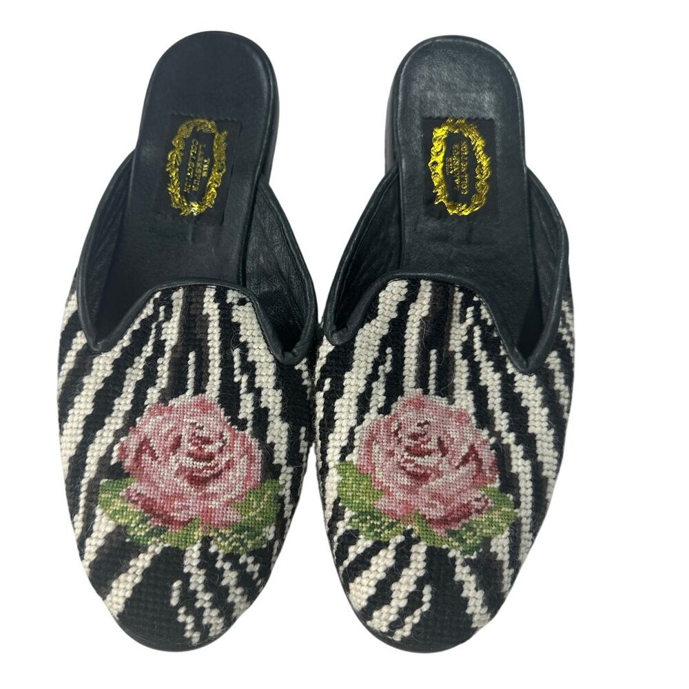 The Larkspur Collection Needlepoint Style Black Flower Flat Mule Slippers M GUC